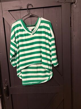 Striped Green and White V-Neck Women's Top